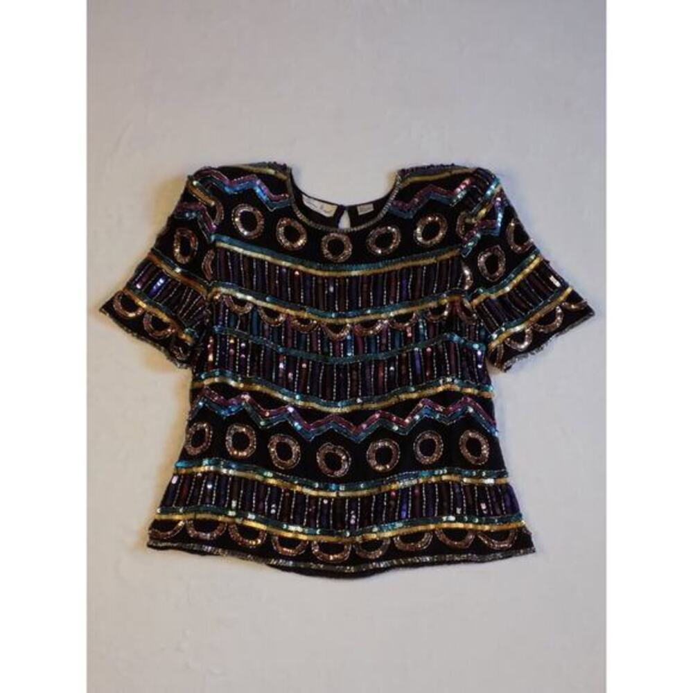 VTG Laurence Kazar Sequin Beaded‎ Blouse Eveningwear 80s 90s 100% Silk
